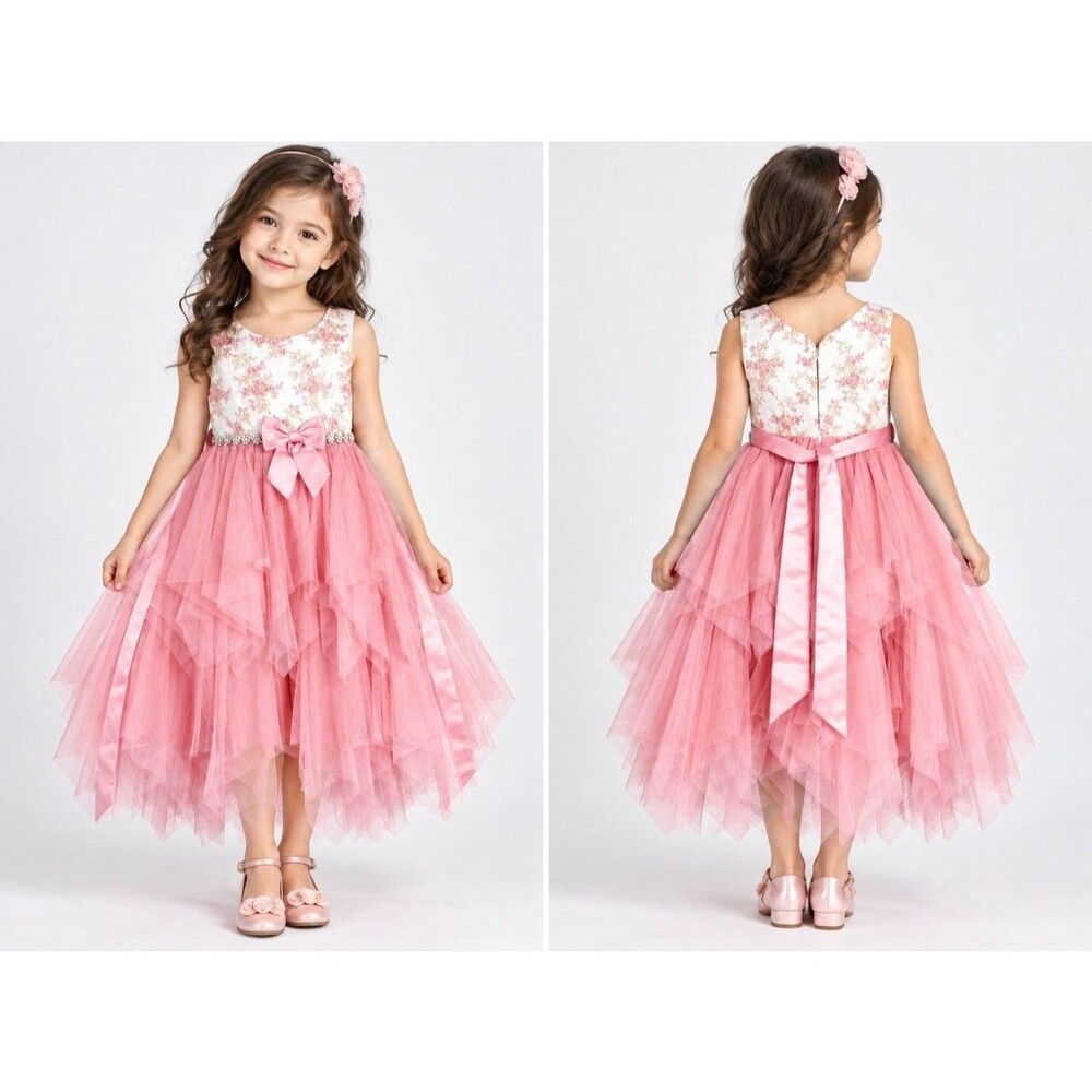 American Princess Girls Pink Tulle Dress With Floral Embroidery & Bow Size 6
